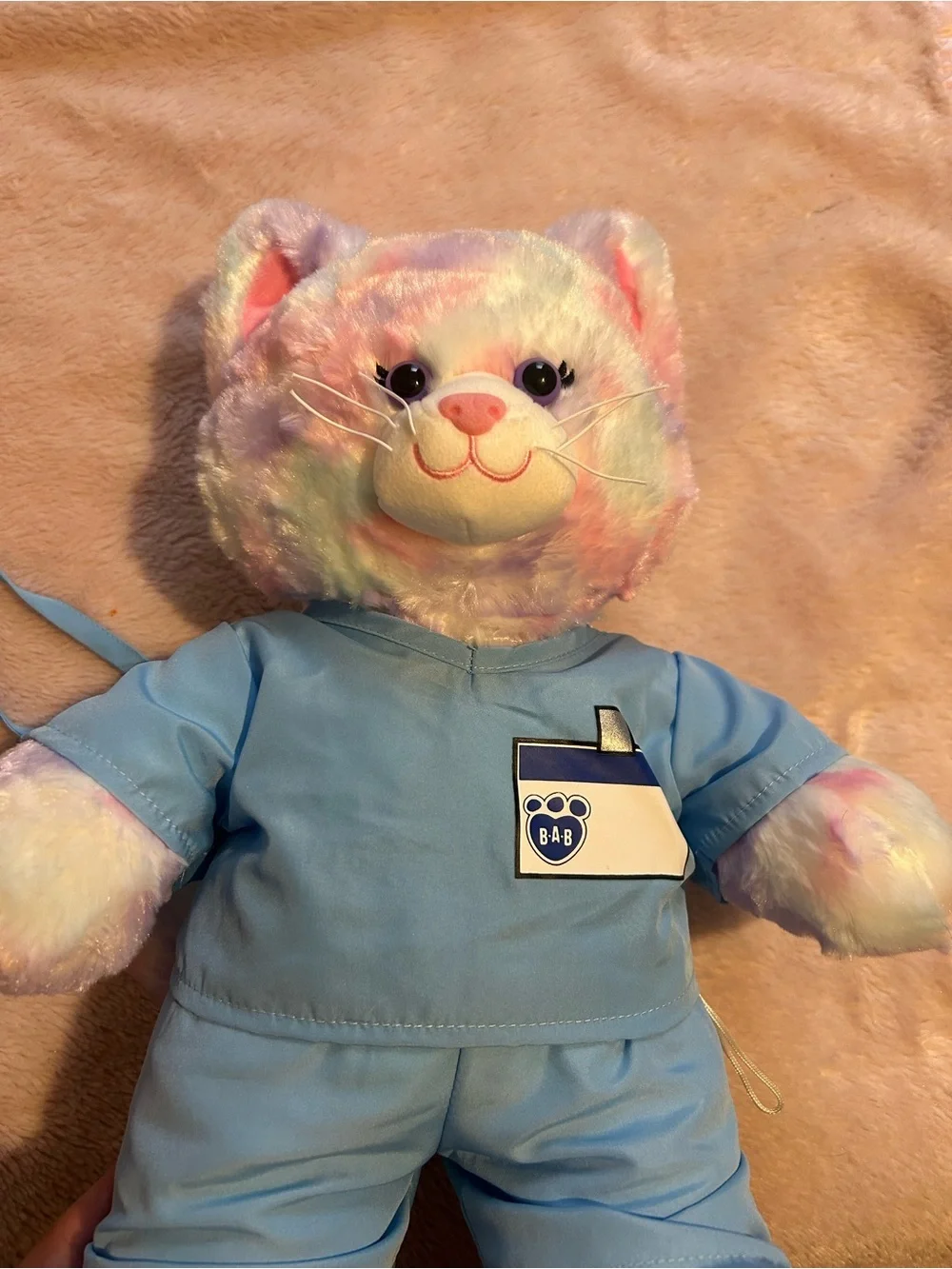 Build-A-Bear Pastel Rainbow Cat in Blue Medical Scrubs with Mask